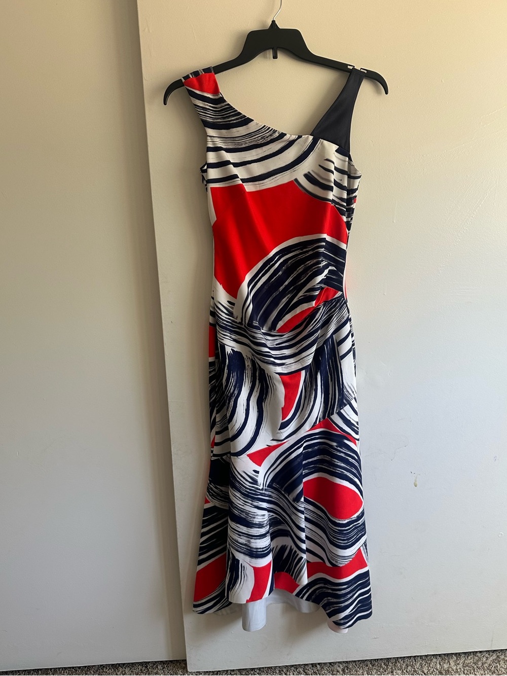Kay Unger Red, Black & White Asymmetrical Midi Dress